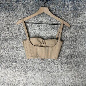 Oh Polly Bustier Top Womens US 2 Beige Linen‎ Corset Boned Crop Laced Back